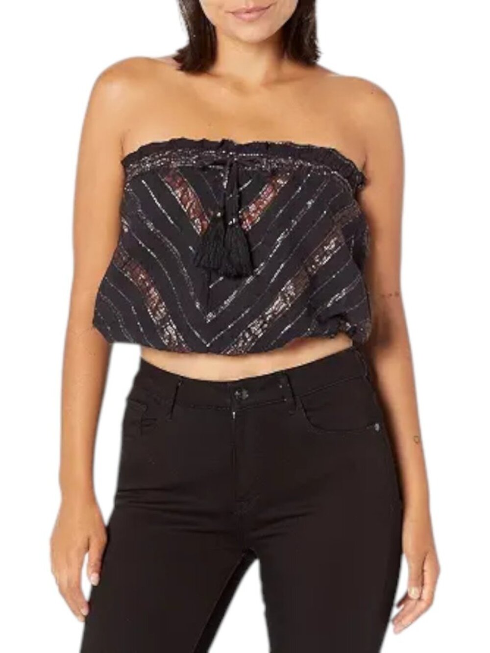 Ramy Brook Womens Olivia Metallic Stripe Strapless Coverup Top Black w/Bronze L
